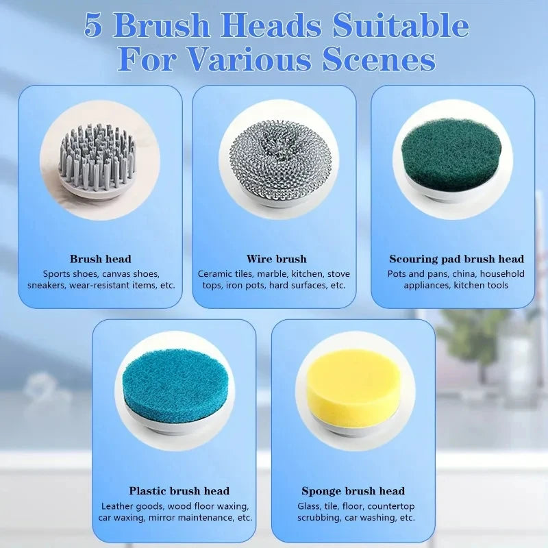 HOMEFISH Electric Spin Scrubber With 5 Replaceable Brush Head